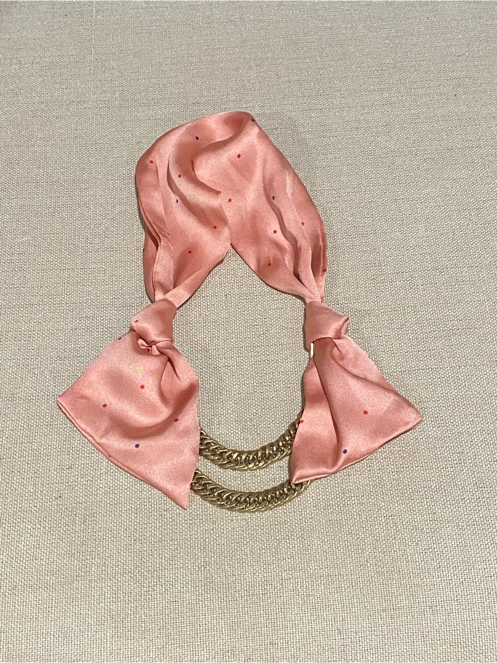 Stella & Dot Peach-Pink Silk Scarf Necklace with Gold Chains